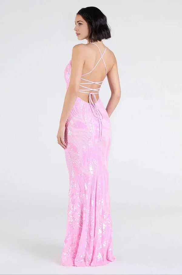 Iridescent Sequin Lace-Up Formal Maxi Dress