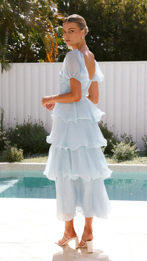 Solid Color Puff Sleeve Cake Maxi Dress