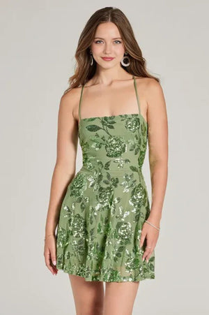 Sparkling Beauty Lace-Up Floral Sequin Skater Dress Green