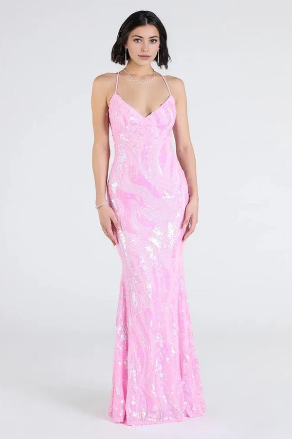 Iridescent Sequin Lace-Up Formal Maxi Dress