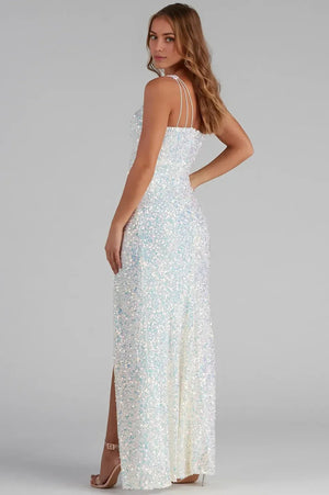 Formal One-Shoulder Sequin Maxi Dress White