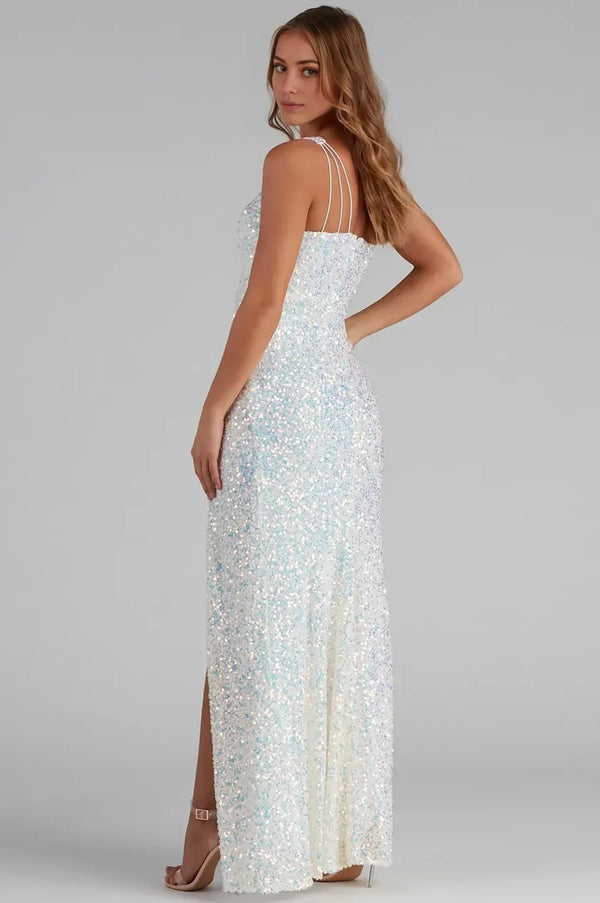 Formal One-Shoulder Sequin Maxi Dress White