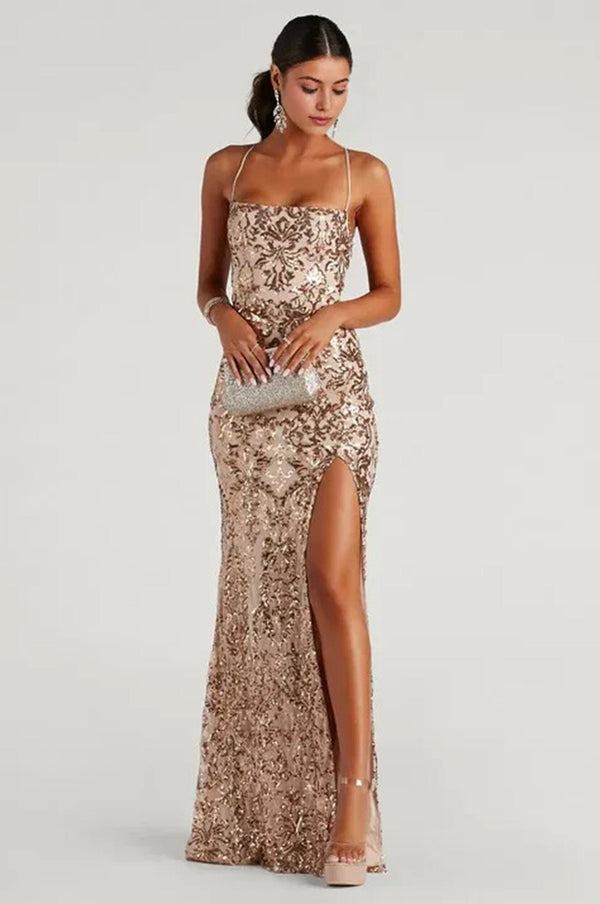 Formal Sequin Mermaid Maxi Dress Gold