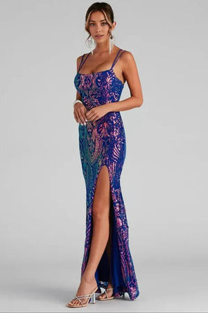 Formal High Slit Sequin Maxi Dress Blue