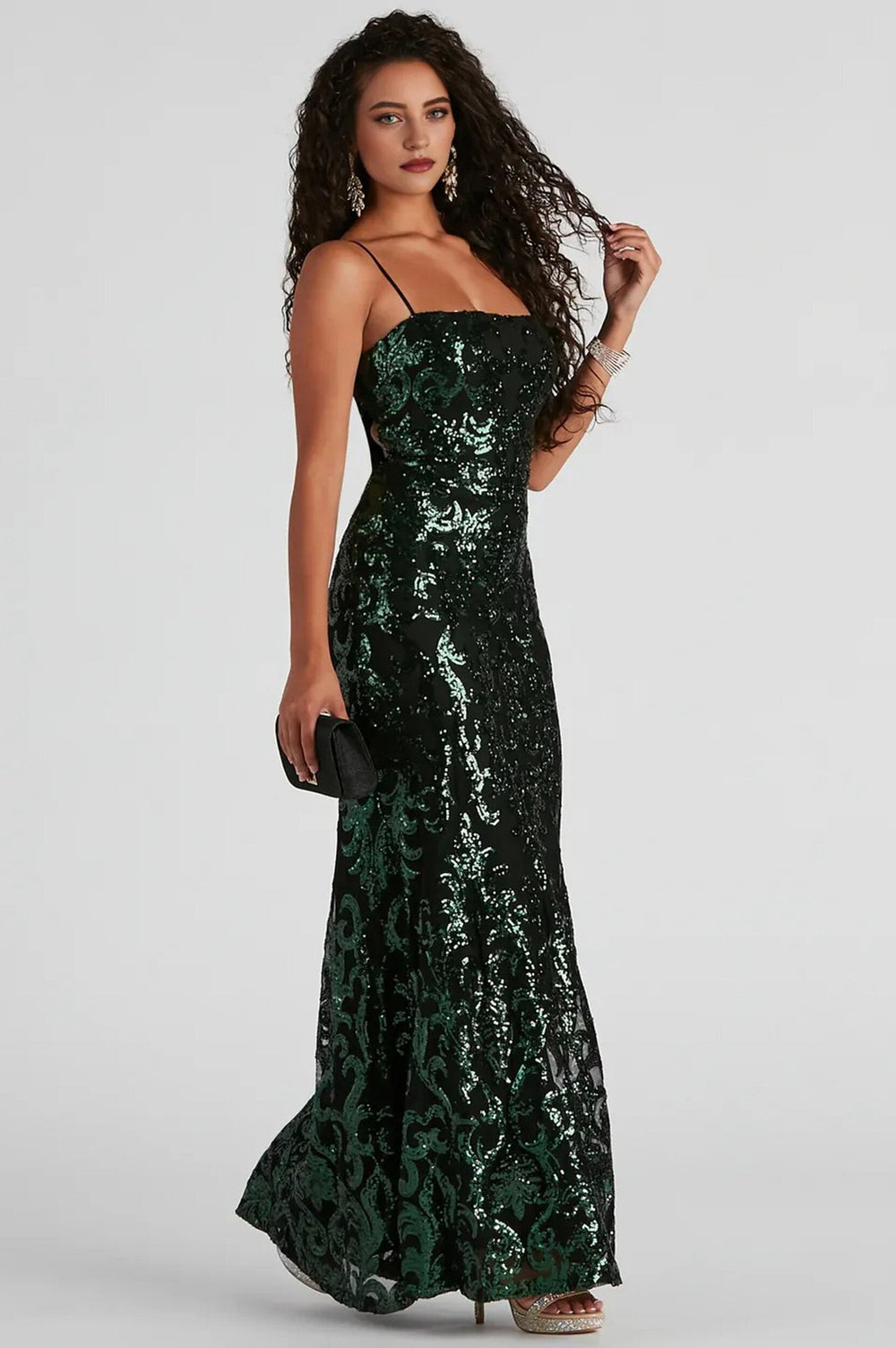 Formal Sequin Tie Maxi Dress Dark Green