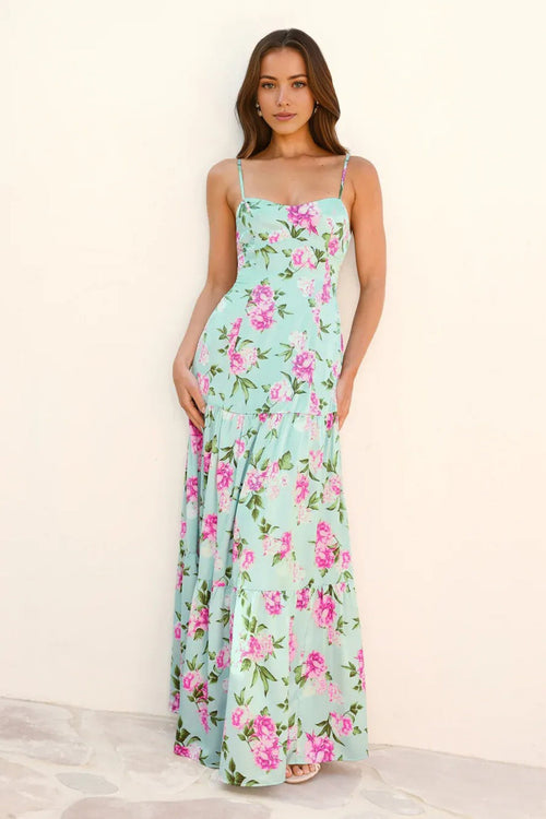 Wildflower Whimsy Satin Maxi Dress Green