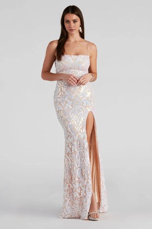 Formal Iridescent Sequin Scroll Dress White