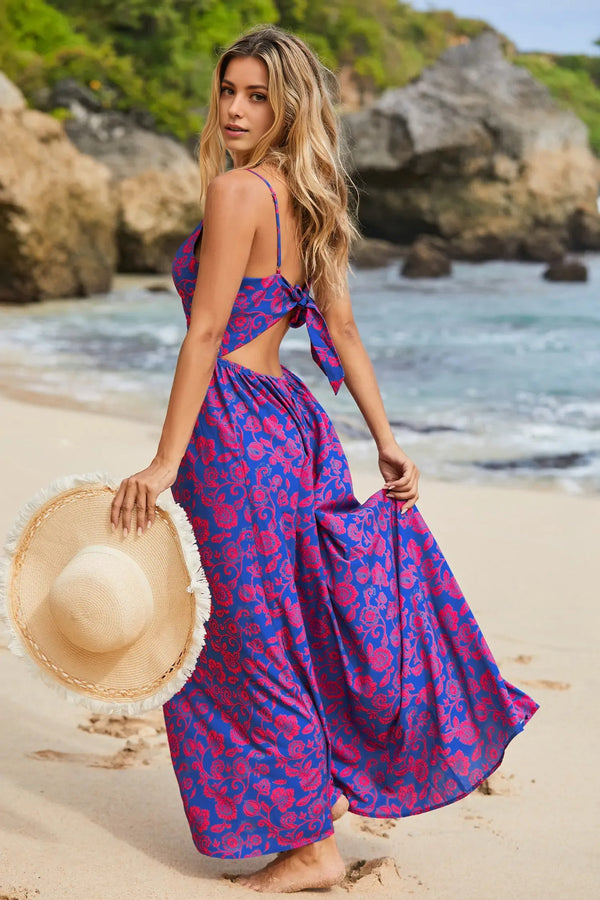 Floral Print Knotted V-Neck Maxi Dress Purple