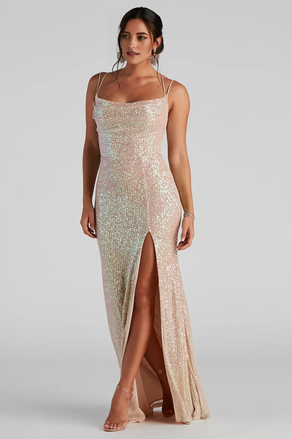 Formal Sequin Cowl Neck Maxi Dress Gold