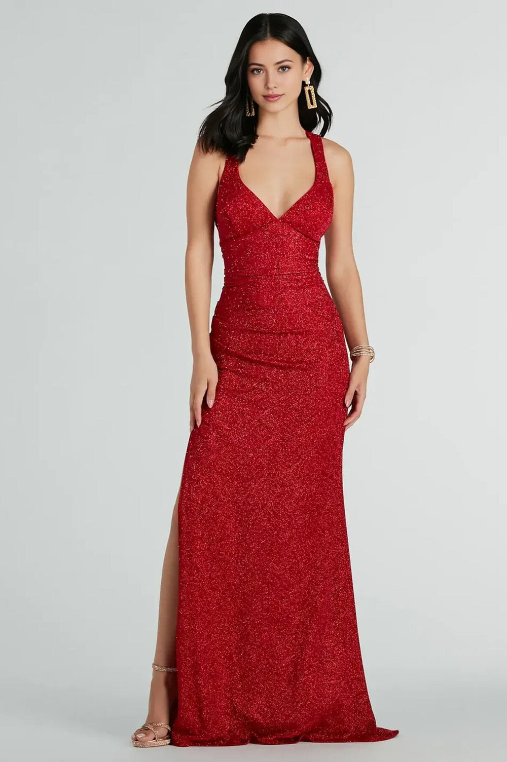 Formal Glitter Lace-Up Column Dress Red