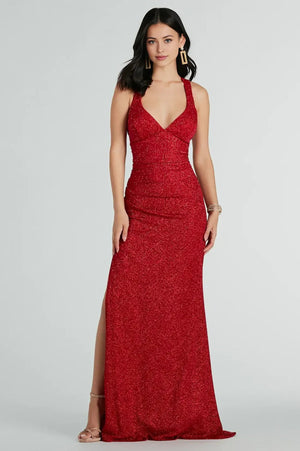 Formal Glitter Lace-Up Column Dress Red