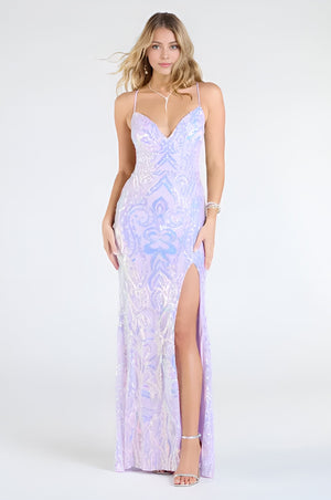 Formal Sequin Lace-Up Mermaid Maxi Dress Lavender