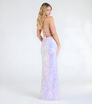 Formal Sequin Lace-Up Mermaid Maxi Dress Lavender
