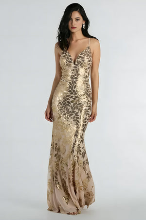 Formal Sequin Leaf Plunge Mermaid Maxi Dress Gold
