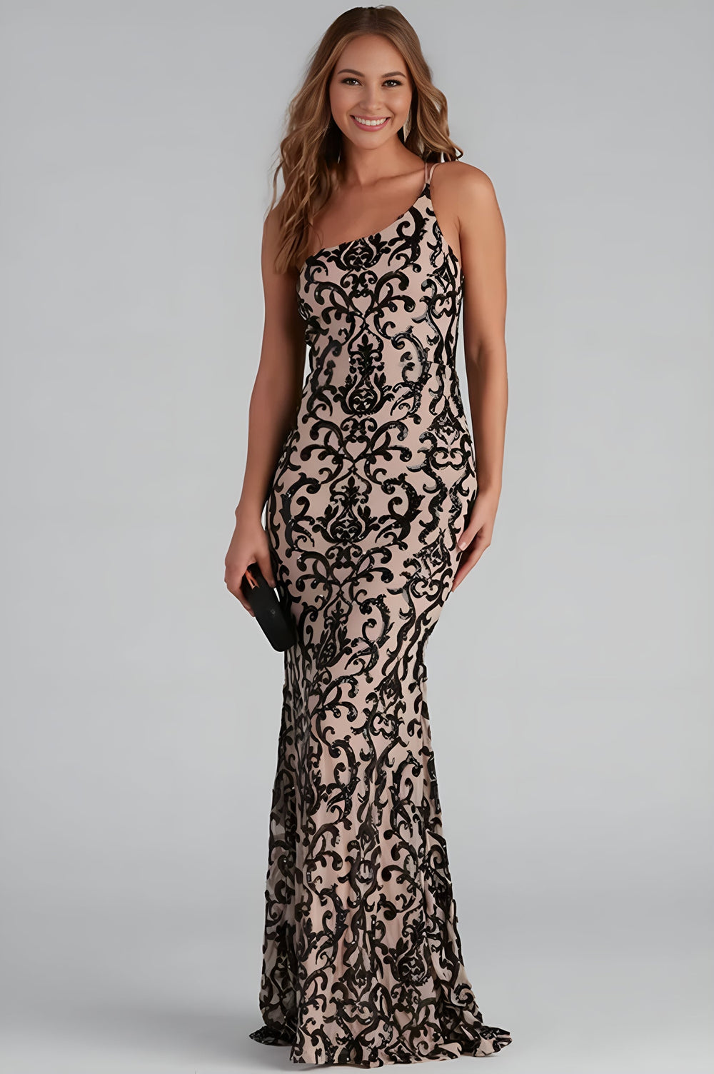 Jasmine One-Shoulder Sequin Mermaid Maxi Dress Black