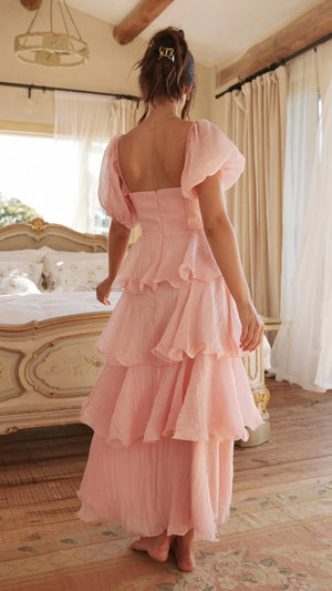 Solid Color Puff Sleeve Cake Maxi Dress