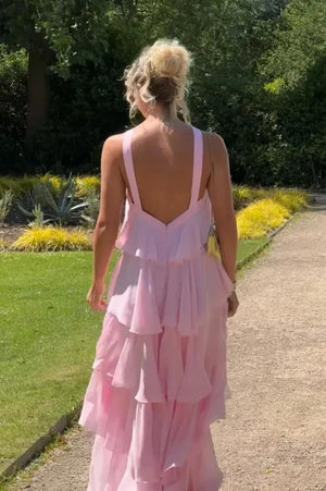 Elegant Chiffon Layer Ruffles Maxi Dress Pink