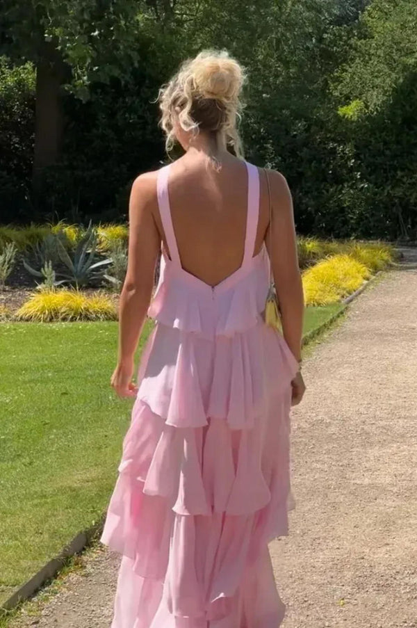Elegant Chiffon Layer Ruffles Maxi Dress Pink