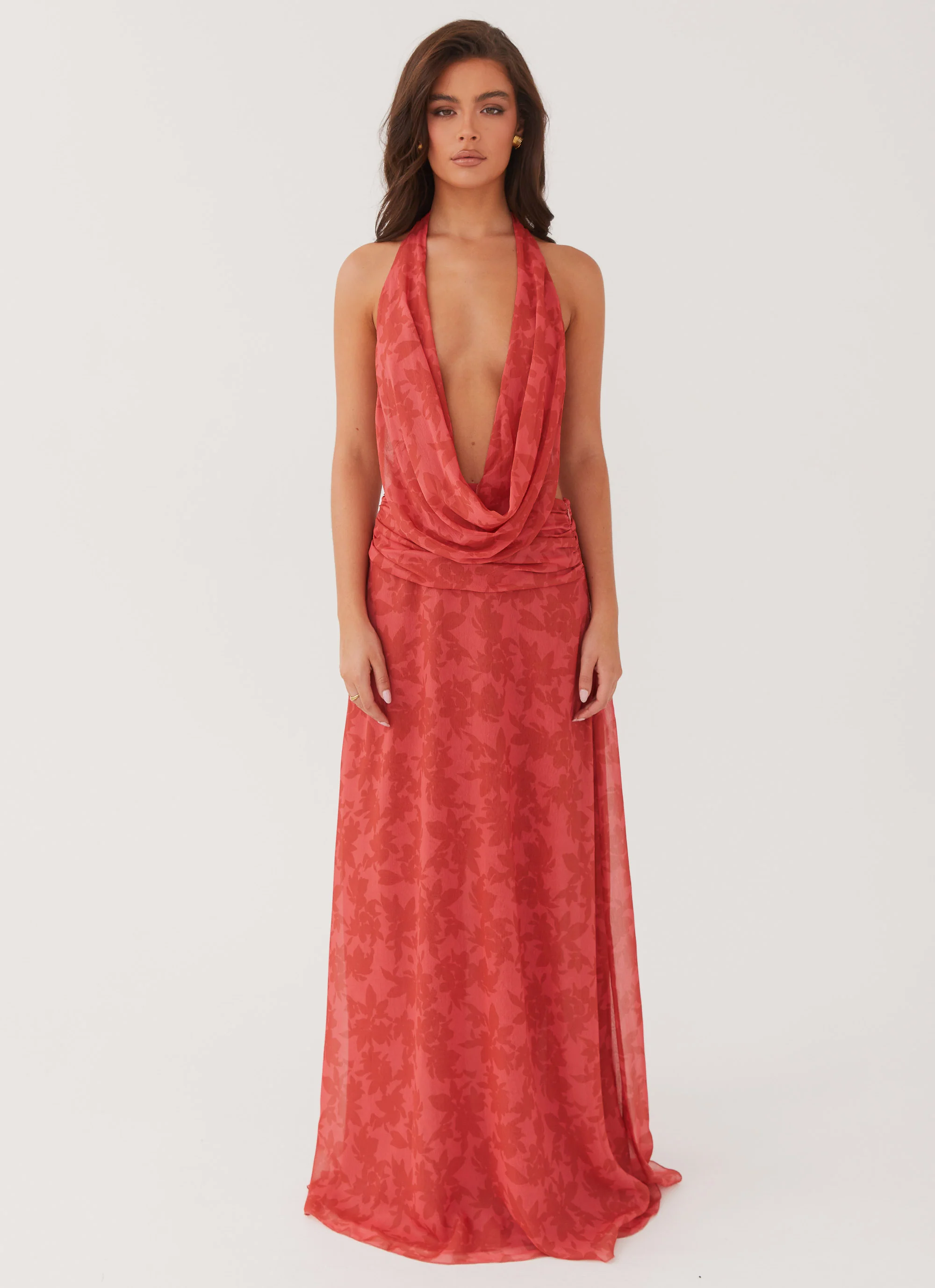 MESHKI Elysia Chiffon Maxi Dress - Red Dahlia