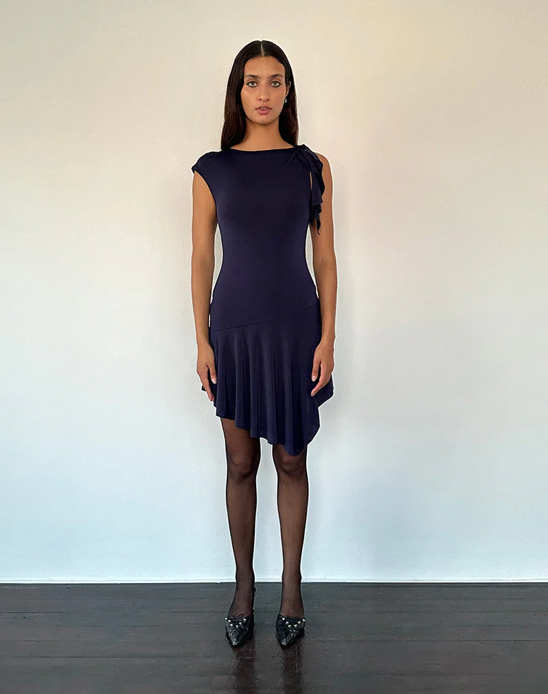 Winslow Asymmetric Frill Mini Dress in Navy