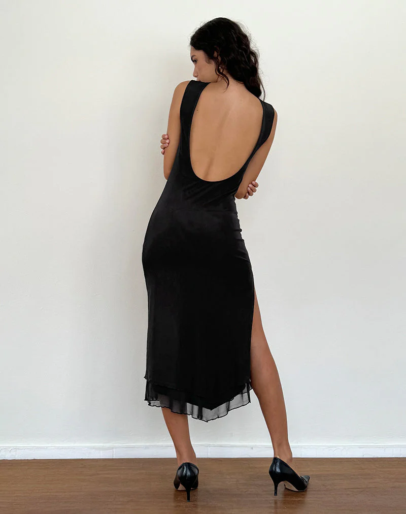 Lyra Backless Midi Dress in Mesh Black