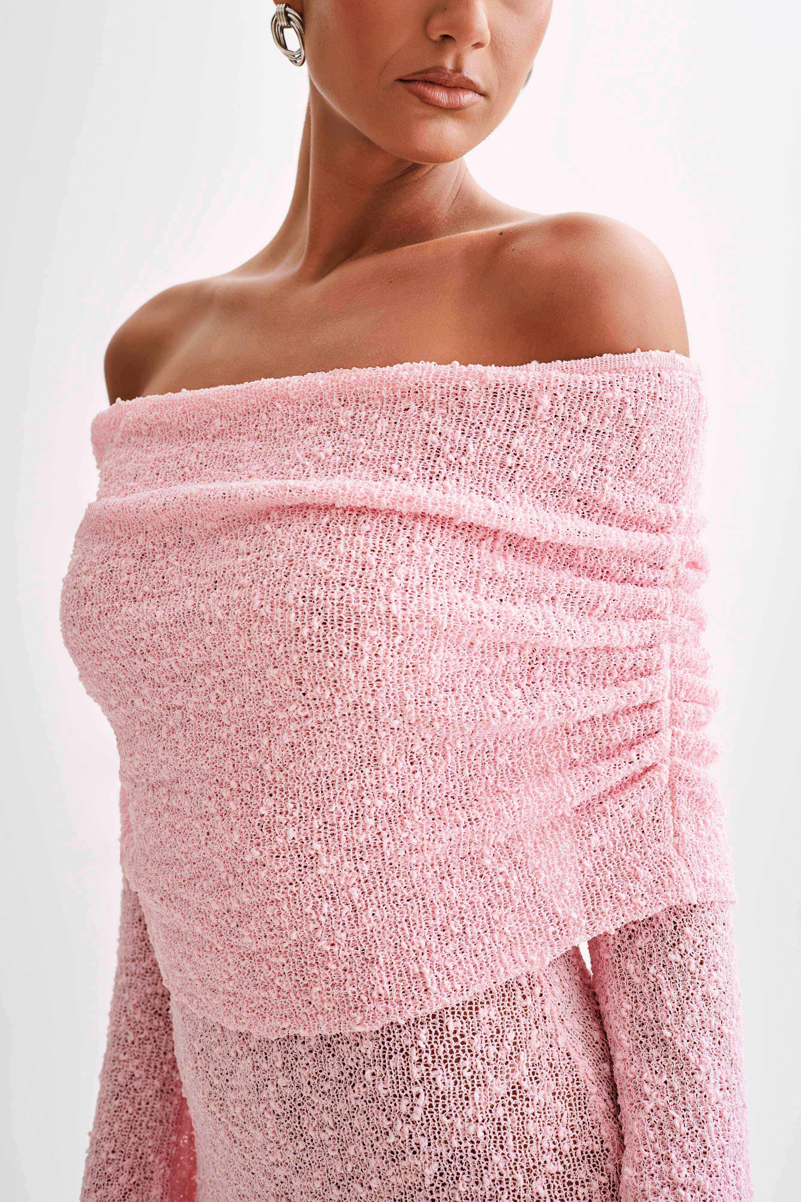 MESHKI Marisol Off Shoulder Boucle Mini Dress - Baby Pink