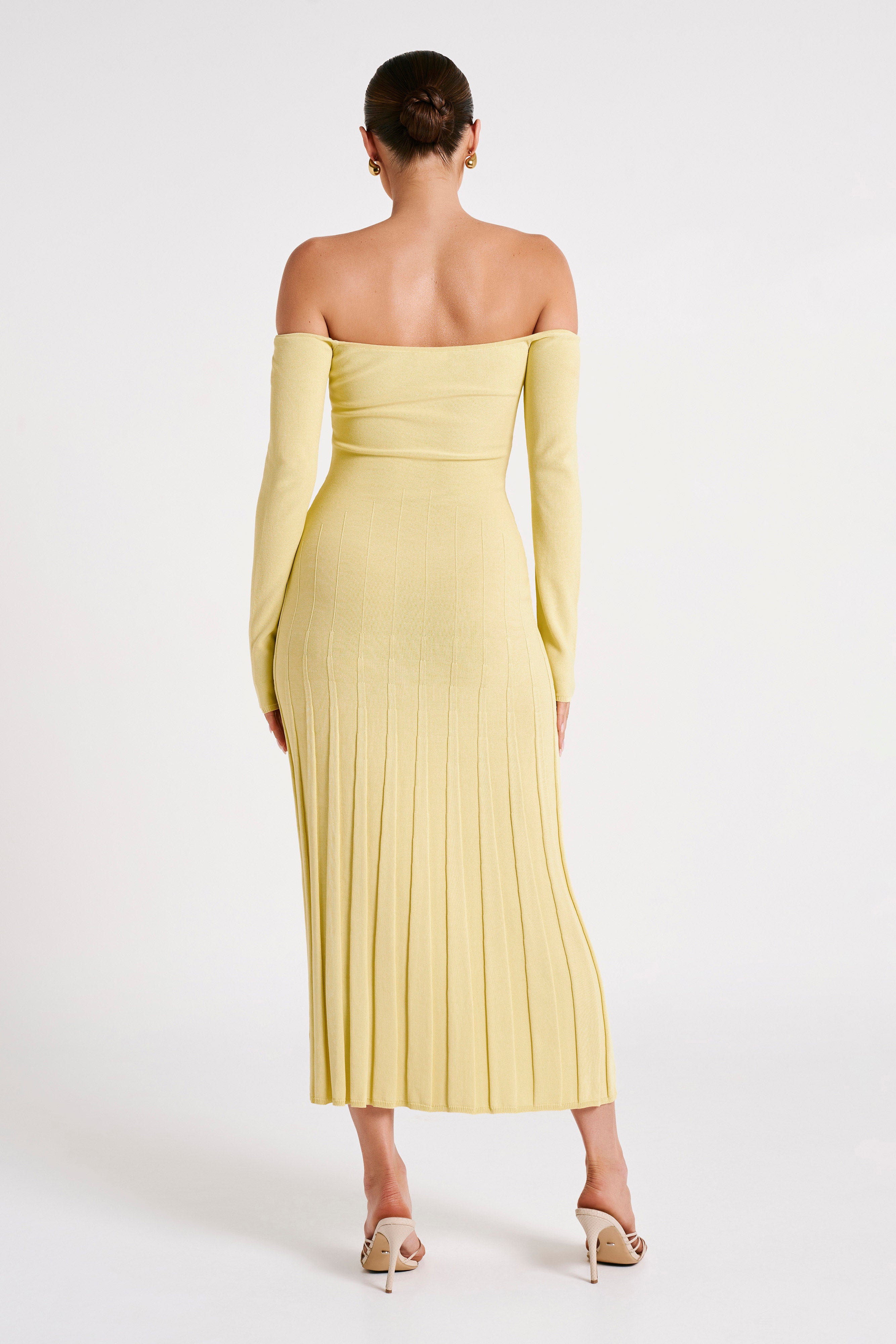 MESHKI Emmeline Long Sleeve Rib Knit Midi Dress - Lemon