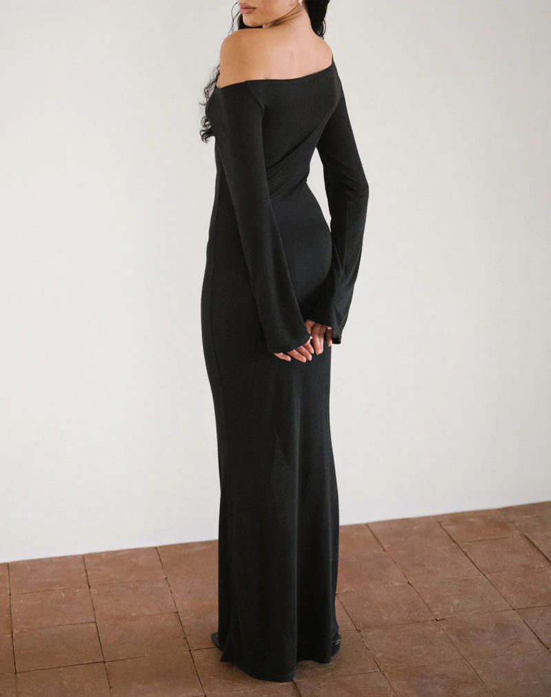 Aldiana Long Sleeve Asymmetric Maxi Dress in Sheer Knit Black